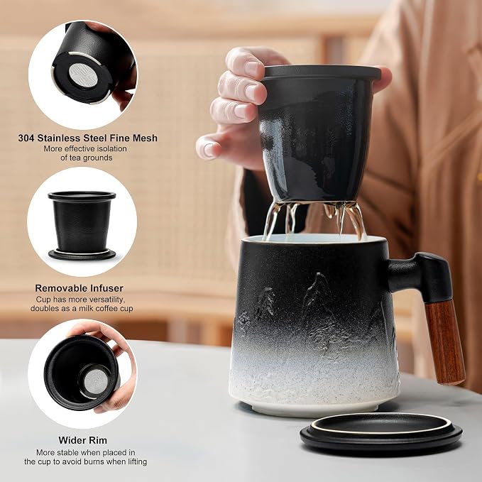 suyika Ceramic Tea Cup with Infuser and Lid, Gradient Embossed Large Tea Mug - Image 2