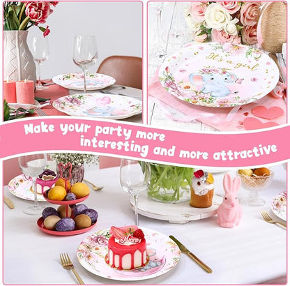 7 Inch Pink Elephant Baby Shower Paper Plates 60 Pcs It's a Girl Tableware Decorations Baby Shower Plate for Girl Gender Reveal Plates Party Supplies for Pink Floral Party