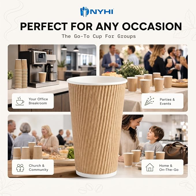 NYHI 150 10 oz Ripple Kraft Paper Cups Brown Hot Cold Cups 3 Layer Rippled - Image 4