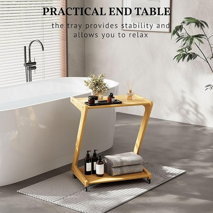 ZIYOO Z-Shaped End Table with Wheels, Natural Bamboo Couch Side Table That Slides Under Sofa/Bed, Mobile Snack Table for Living Room, Bedroom, Small Spaces