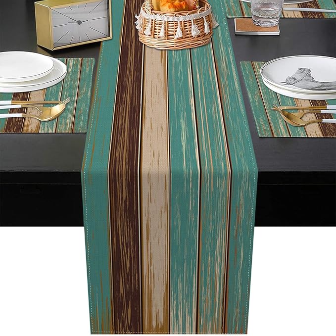 Table Runner and Placemats Set of 6, Farmhouse Teal | Blue Board Painting Art - Image 5