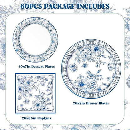 60Pcs Blue White Paper Plates and Napkins Party Supply, Serves 20 | Blue and - Image 2