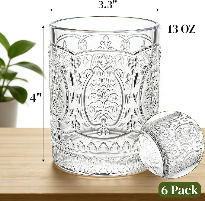 6 Pack Vintage Drinking Glasses, 13 OZ Cocktail Glassware Set, Embossed Water - Image 2