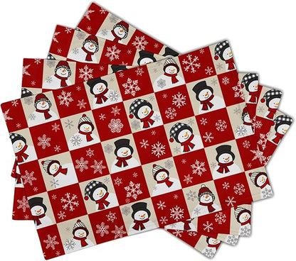 Winter Placemats Set of 4 - Cute Snowflake Snowman Place Mats 12x18 Table Mats Red Beige Buffalo Plaid Kitchen Mats for Party Dining Table