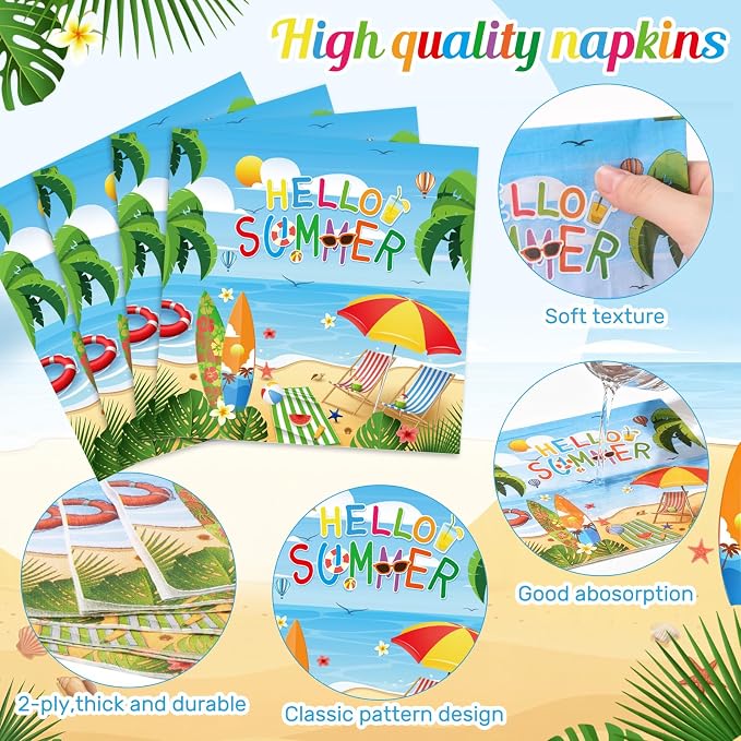 Pickmesh 250 Pcs Hello Summer Plates Napkins and Cups Beach Party Decorations - Image 4