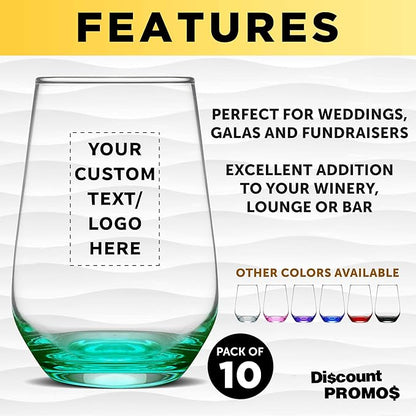 DISCOUNT PROMOS 10 Vaso Silicia Stemless Wine Glasses Set, 16 oz. - Personalized Text, Logo - Clear, Orb-Like, Thick base - Green