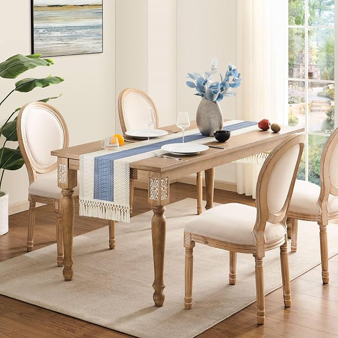 Macrame Style Bicolor Stitching Table Runner 14x60in Blue | Woven Boho Table - Image 3
