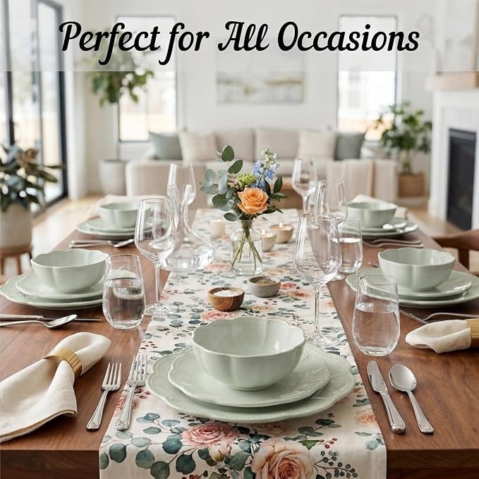 Sango 12 Pieces Scalloped Dinnerware Set, Sage Green Dishes - Image 6