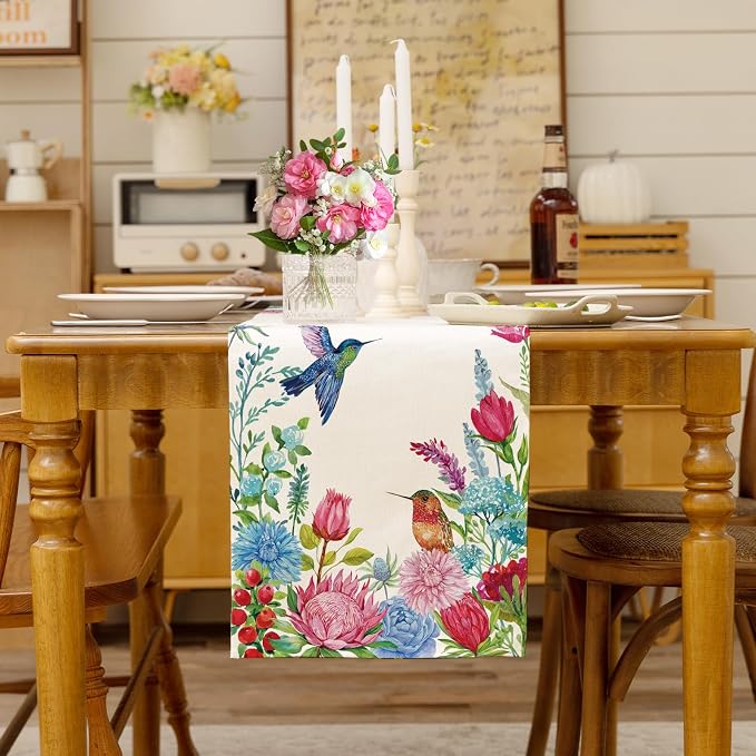 Summer Hummingbirds Floral Table Runner Green Leaves Burlap Table Runners - Image 2
