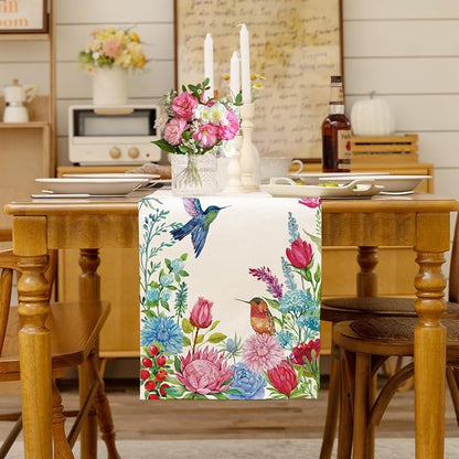 Summer Hummingbirds Floral Table Runner Green Leaves Burlap Table Runners - Image 2