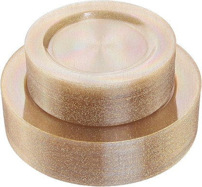 I00000 102PCS Gold Glitter Plastic Plates, Gold Glitter Disposable Plates Clear Plastic Party Plate Include 51 Dinner Plate 10.25" and 51 Dessert Plate 7.5" for Parties &Wedding
