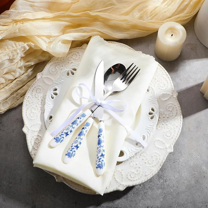 5 Pcs Chinoiserie Silverware Set Blue White Porcelain Ceramic | Stainless Steel - Image 4