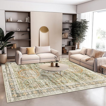 5x7 Area Rugs Green Orange Low Pile Indoor Washable Trendy Faded Style Rugs for Bedroom Living Room Dining Room Foldable Non-Slip Thin Print Mat