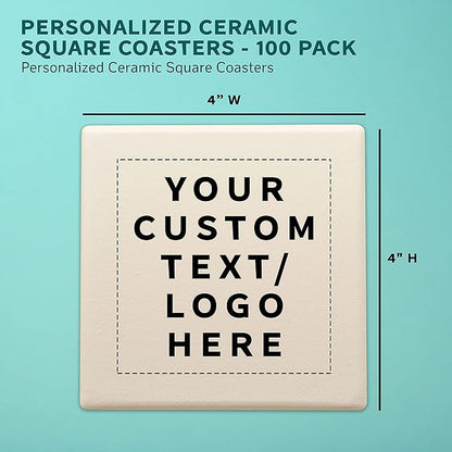 100 4" Square Ceramic Coasters Set - Customizable Text, Logo - Cork Bottom, Serve Ware - Natural