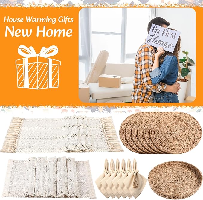 6 Sets Boho Decoration Placemats Round Woven Placemats, Cloth Napkins, Wood - Image 7