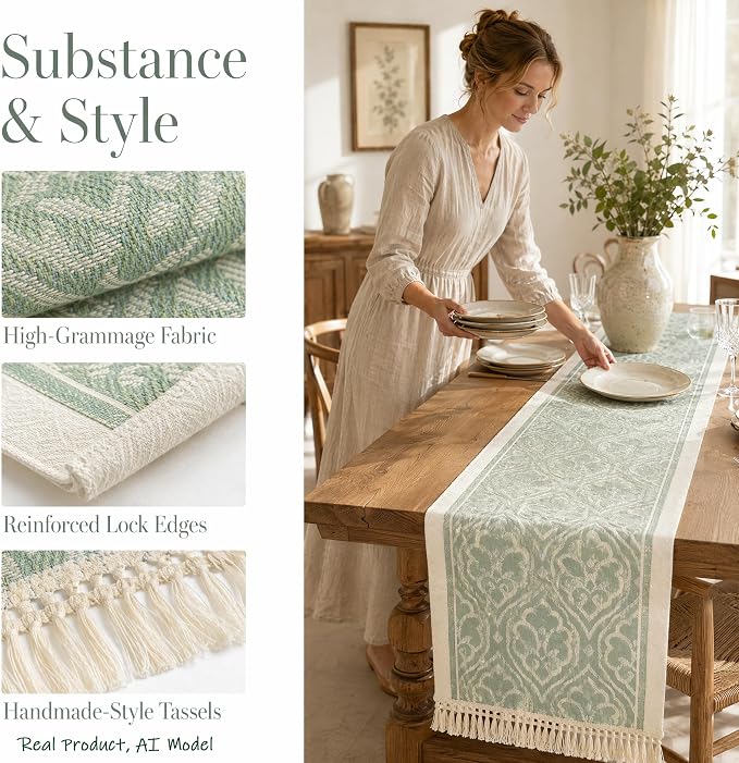 14x95 Botanical Table Runner Waterproof Floral Vine Boho Tassels | Hosting a - Image 3