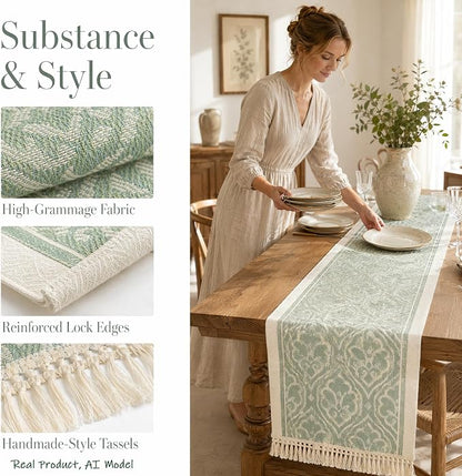 14x138 Botanical Table Runner Waterproof Floral Vine Boho Tassels | Planning a - Image 3