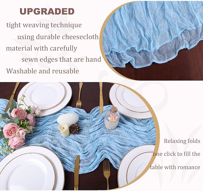 Light Blue Cheesecloth Table Runner 13.3FT Long Bridal Birthday Party - Image 5