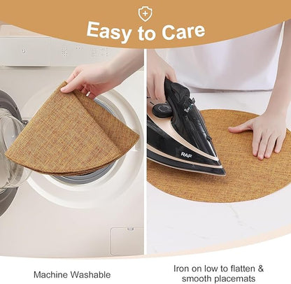 homing 15 Inch Round Cloth Placemats Set of 4, Cotton Linen Blend Washable Table Mats, Farmhouse Dining Place Mats for Indoors & Outdoors, Easy to Clean, Amber