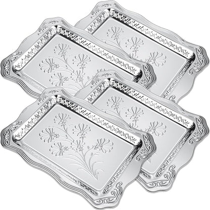 4 Pack 18.9" x 12.8" Large Silver Serving Trays for Dessert Table Stainless Steel Silver Platters Floral Engraved Mirror Serving Platters for Wedding, Cookies, Desserts, Party Food Display