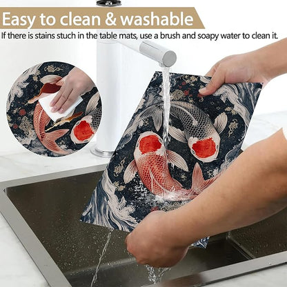 Placemats, Janpanese Koi Fish Placemats 12x18 Inch Waterproof Non-Slip Washable Table Mats for Kitchen Dining Party Table Decor,Set of 6