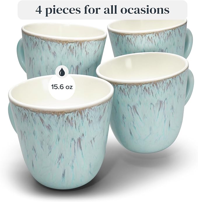Stoneware Coffee Mug Set of 4, Stylish Modern Beige-Blue Cups, 14.5 Oz Ceramic - Image 3