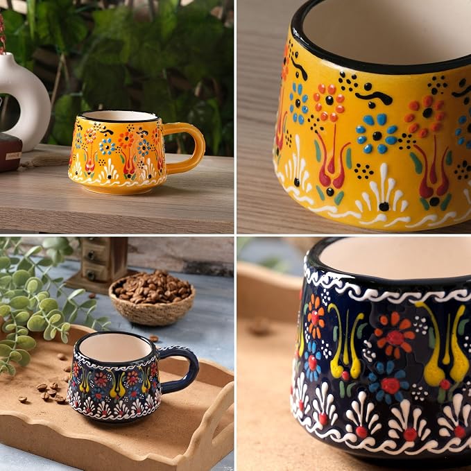 BCS 6 Oz Cappuccino Cups Set of 2, Hand-Painted Ceramic Coffee & Tea Mugs | - Image 4