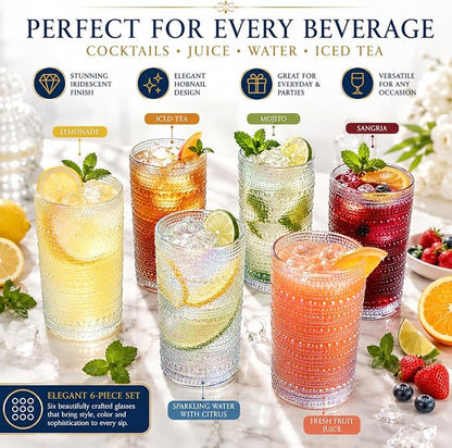 Hobnail Beaded Highball Drinking Tumbler Glasses | Set of 6 | Iridescent Pearl - Image 4