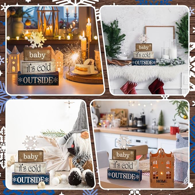 Moucuny 4 Pcs Christmas Table Decoration Winter Wooden Stacked Block, Baby It's - Image 5