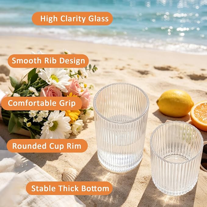 14 oz & 18 oz Ribbed Drinking Glasses Set of 12, Vintage Iced Coffee Cups - Image 5
