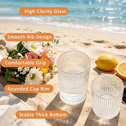 14 oz & 18 oz Ribbed Drinking Glasses Set of 12, Vintage Iced Coffee Cups - Image 5