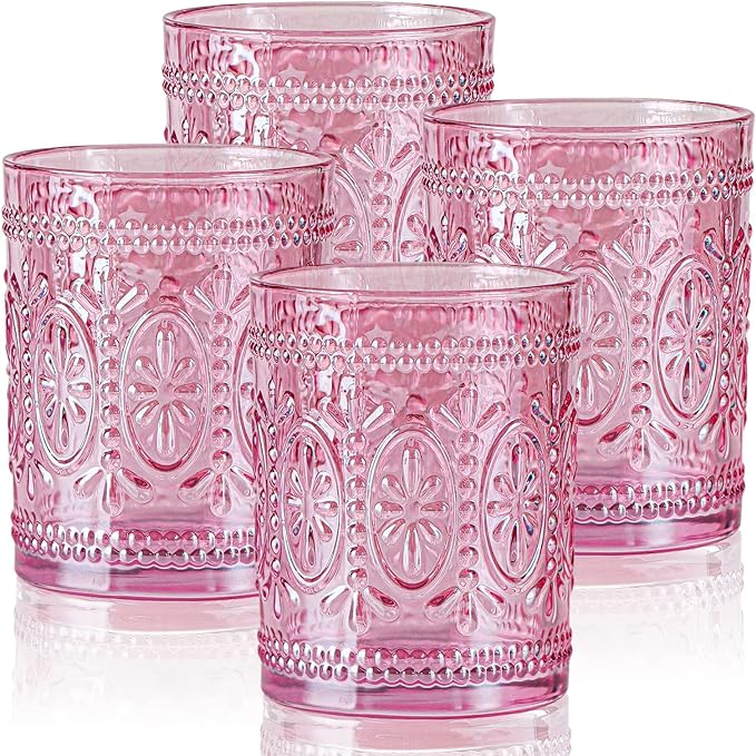 abrwyy Pink Glassware set of 4, Vintage Drinking Glasses, 10oz Pink Heavy Duty by abrwyy