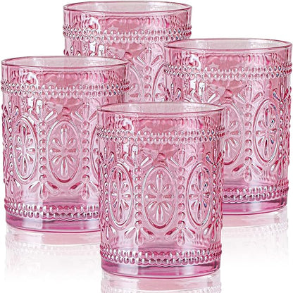 abrwyy Pink Glassware set of 4, Vintage Drinking Glasses, 10oz Pink Heavy Duty by abrwyy
