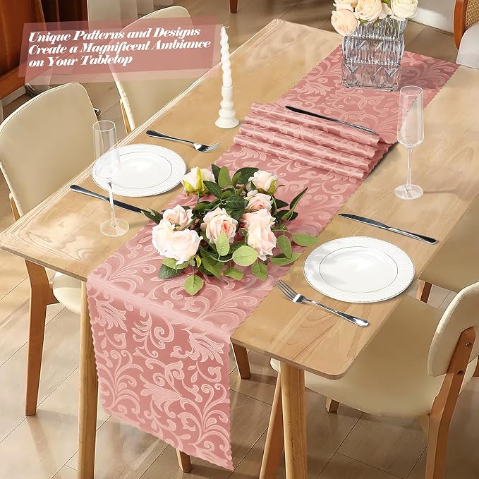 MILVOWOC Rose Gold Satin Table Runner, 4 Pack, 12 x 72 Inch | Jacquard Damask - Image 2