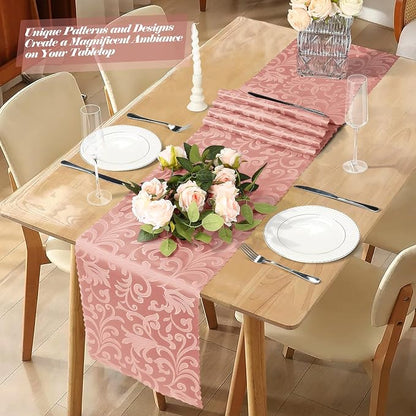 MILVOWOC Rose Gold Satin Table Runner, 4 Pack, 12 x 72 Inch | Jacquard Damask - Image 2