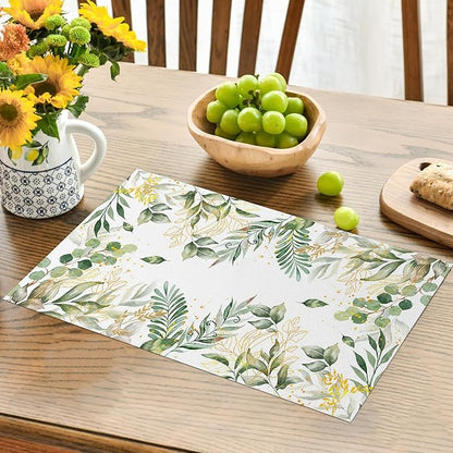 AOFOTO Watercolor Leaves Printed Placemats Set of 4 Spring Sage Green Gold Leaves Place Mats Washable Rectangular Table Mats for Party Home Kitchen Restaurant Dining Table Decor 12x18 Inch