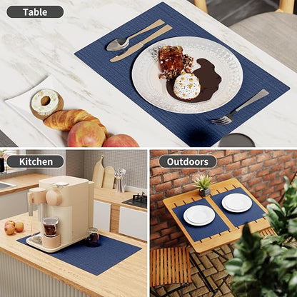 Cloth Placemats, Set of 4 Heat-Resistant Cotton Linen Blend Double Layered Machine Washable Place Mats, Wrinkle Free Thick Fabric Dining Table Mats for Indoors & Outdoors (Navy Blue, 4)