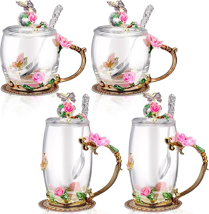 Nuanchu 4 Sets Flower Glass Tea Cups by Nuanchu