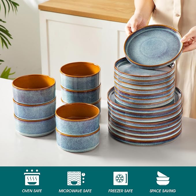 vancasso ONION Ceramic Plates and Bowls Sets, 24 Pieces Blue Dinnerware Sets - Image 4