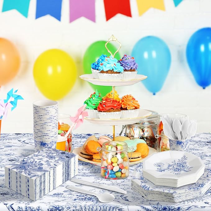 402 Pcs Blue Floral Disposable Tableware Set Serve 50 Baby Shower Party - Image 6