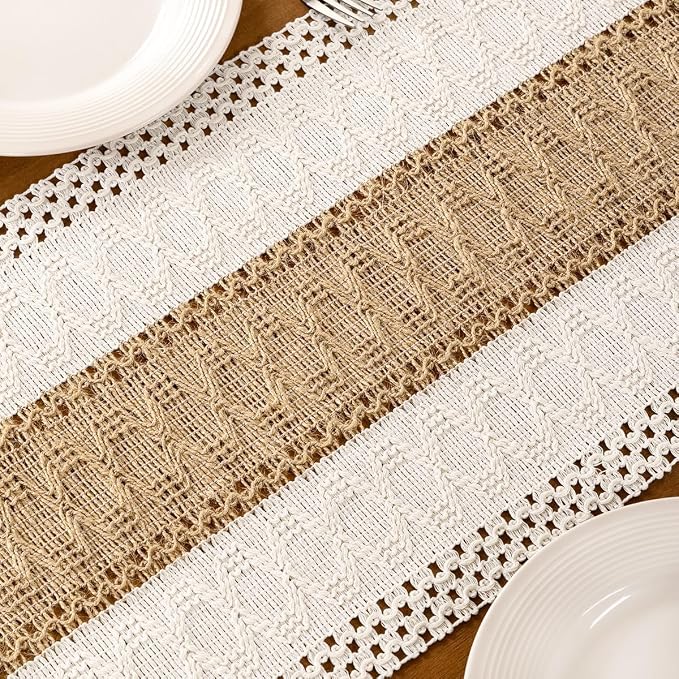 Ivory & Burlap Boho Table Runner Farmhouse Woven Table Runner 12x60 Inch | - Image 6