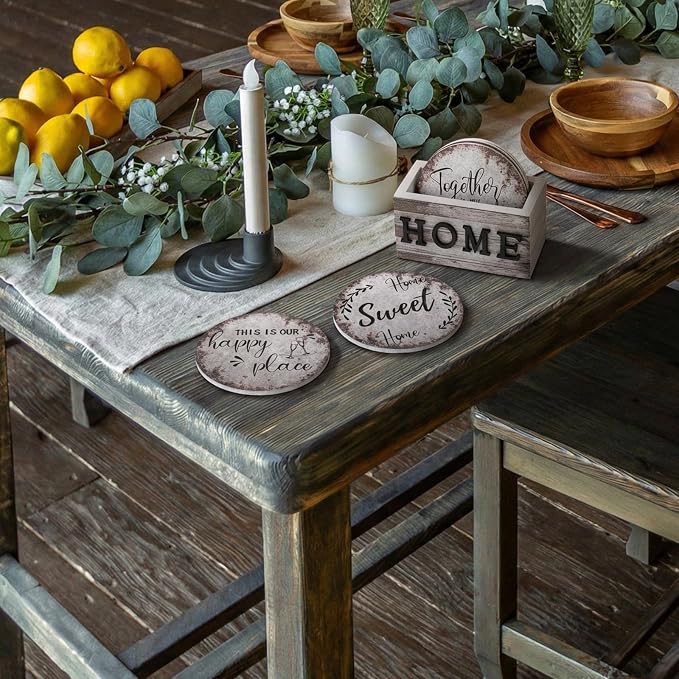 Queekay Coasters Set of 6 House Warming Gifts New Home Wooden Farmhouse Drink - Image 7