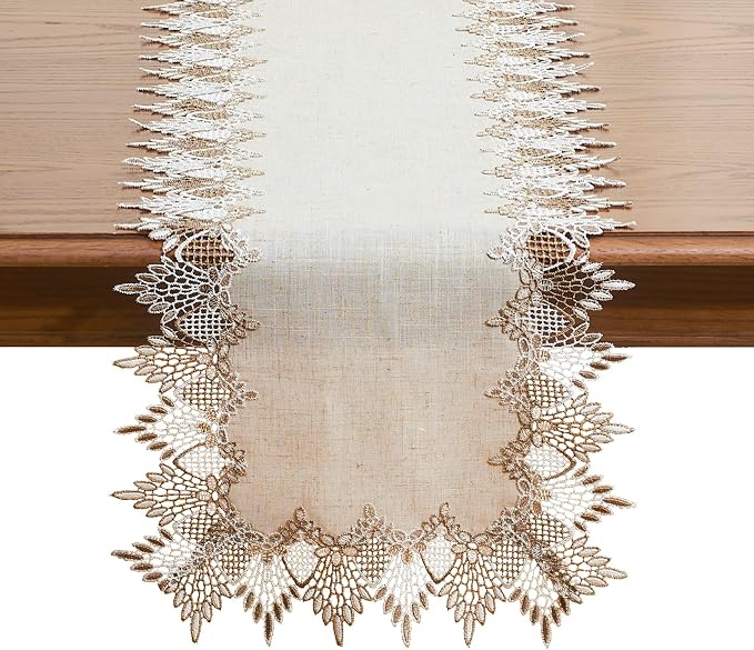 Natural Linen Table Runner 48 inches Beige Lace Coffee Table Runners | Beige - Image 6