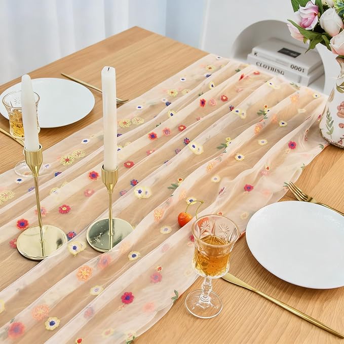 Table Runner 10FT Floral Gauze Tea Party Decorations Embroidery | Champagne - Image 2