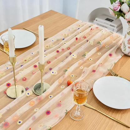 Table Runner 10FT Floral Gauze Tea Party Decorations Embroidery | Champagne - Image 2