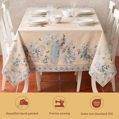 Maison d' Hermine Premium Table Cloth Rectangle Table 100% Combed Cotton 108 x 70 Inches Tablecloth Reusable Decorative for Dining Room, Home, Party, Festive & Wedding - Peacock Utopia - Sandy Beach
