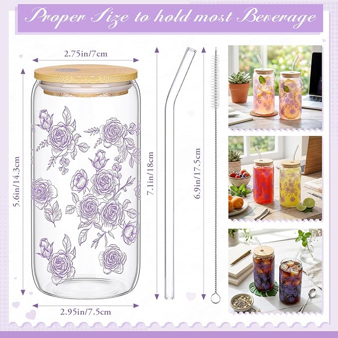 Sliner 2 Pcs Purple Floral Glass Cups Flower Gifts Drinking Glasses 16 oz Iced - Image 5