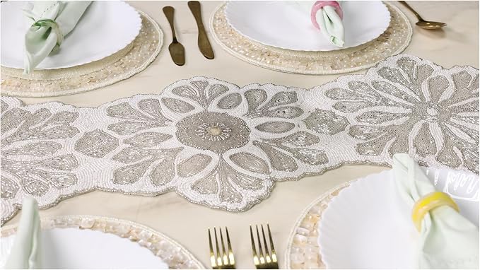 Beaded Table Runner, 36x13 | Glass beads on polyester backing, handcrafted by CLEENTABLE