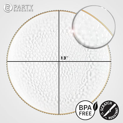 PARTY BARGAINS 13-Inch Charger Plates - 96 Pack, Hammered Clear Gold Rim, Heavy-Duty Disposable Chargers for Elegant Dining - Ideal for Weddings and Formal Events