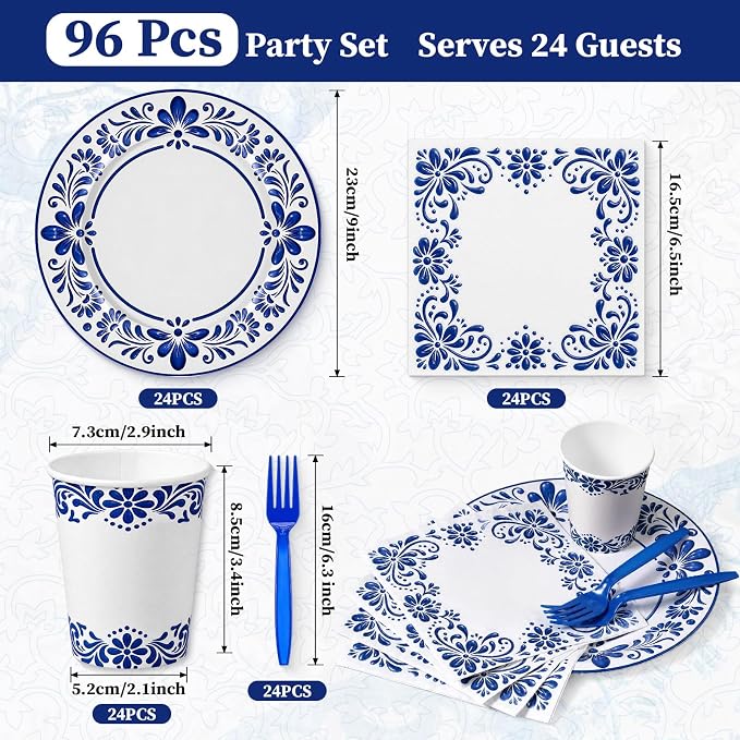 96 Pcs Cielito Lindo Party Supplies De Barro Mexican Talavera Blue Party Plates - Image 3